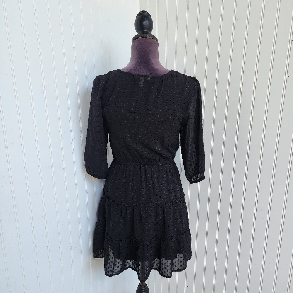 Speechless Women's Black Swiss Dot Tie Neck Mini 3/4 Sleeve Dress Sz S - Picture 2 of 13